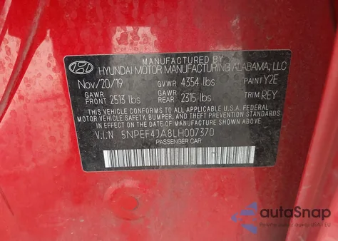 2020 Hyundai Sonata Sel z USA, uszkodzony, nr VIN 5NPEF4JA8LH007370